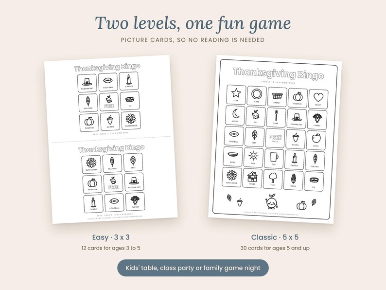 May include: Two Thanksgiving Bingo game sheets with black and white line art icons. The left side shows two 3x3 grids labeled Easy, and the right side shows one 5x5 grid labeled Classic. Text includes Two levels, one fun game, and Picture cards, so no reading is needed.