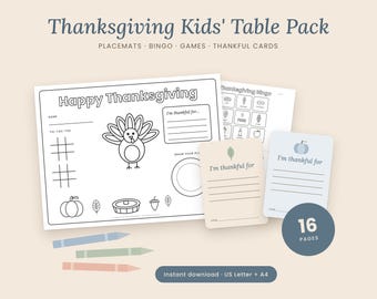 May include: A Thanksgiving Kids' Table Pack featuring 16 pages of printable activities. Includes a Happy Thanksgiving coloring placemat with a turkey, tic-tac-toe, and bingo games, plus Thankful cards with space to write what one is thankful for.
