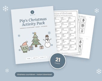 May include: Pip's Christmas Activity Pack with 21 pages of kindness countdowns, games, and coloring. The cover features a character in a Santa hat, a Christmas tree, and a snowman. Includes a kindness checklist and bingo game sheets.