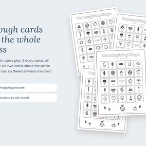 May include: A set of Thanksgiving Bingo game cards featuring black and white line art illustrations of holiday icons. Each card includes a grid of labeled images, with text headers reading Thanksgiving Bingo and descriptive text about the set.
