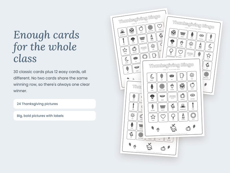 May include: A set of Thanksgiving Bingo game cards featuring black and white line art illustrations of holiday icons. Each card includes a grid of labeled images, with text headers reading Thanksgiving Bingo and descriptive text about the set.