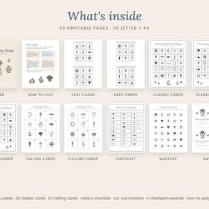 May include: A printable Thanksgiving Bingo game set featuring 43 pages in US Letter and A4 sizes. The collection includes a cover, instructions, easy and classic bingo cards, calling cards, a caller's checklist, markers, and champion awards.