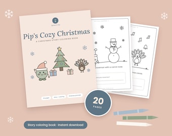 May include: A coloring book titled Pip's Cozy Christmas: A Christmas Story Coloring Book, featuring a light pink cover with a cartoon character, Christmas tree, and gifts. Includes two interior pages with line art and 20 pages total.