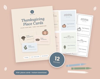 May include: A set of printable Thanksgiving place cards featuring 12 designs with table talk questions. The cards include illustrations of pumpkins, turkeys, and pies with the text Happy Thanksgiving. Includes three crayons in blue, green, and white.