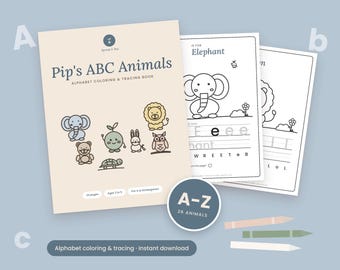 May include: Pip's ABC Animals alphabet coloring and tracing book with a beige cover featuring cartoon animals. Includes interior pages with an elephant illustration, letter E tracing practice, and a circular badge labeled A-Z 26 animals.