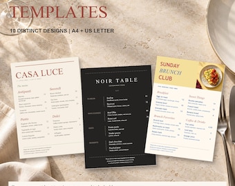May include: Three restaurant menu templates displayed on a textured surface. The left menu is cream with red text, the center is black with white text, and the right is yellow and cream with blue and red text. Text includes Restaurant Menu Templates.