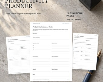 May include: A productivity planner set featuring 20 functional pages in A4 and US Letter sizes. The documents include a Productivity Command Center, Eisenhower Matrix, and Time Block Designer with black text on white paper.