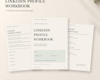 May include: A digital LinkedIn Profile Workbook template in A4 portrait format, featuring 12 editable career branding pages. The document includes sections for a headline builder, professional story, and profile improvement plan with text in black on a cream background.