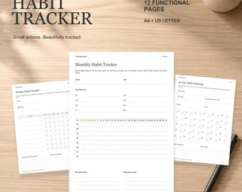 May include: A set of printable habit tracker pages including a Monthly Habit Tracker, Weekly Habit Tracker, and 30-Day Habit Challenge. The documents feature black text on white paper, labeled for A4 and US Letter sizes, with 12 functional pages.