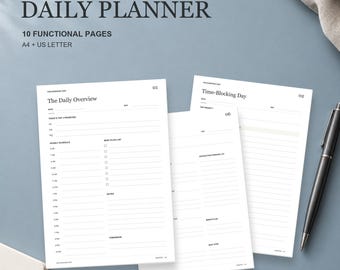 May include: A daily planner set featuring 10 functional pages in A4 and US Letter sizes. The white pages display black text including The Everyday Edit, Daily Planner, The Daily Overview, and Time-Blocking Day with hourly schedules.
