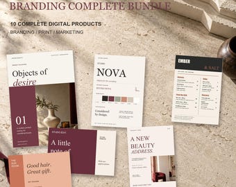 May include: A small business branding bundle featuring ten digital products including a product catalog, a brand identity sheet, a restaurant menu, a gift voucher, and a note card. The documents display text in maroon, black, and peach tones.