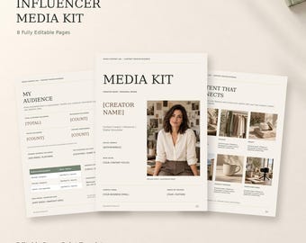 May include: A digital influencer media kit template featuring eight editable pages in a clean, professional layout. The document includes sections for audience demographics, creator profile with a photo placeholder, and content showcases.