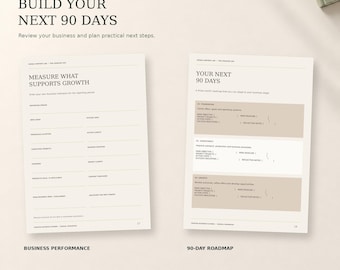 May include: Two pages of a business planner titled Build Your Next 90 Days. The left page is a Measure What Supports Growth form with fields for reporting. The right page is a 90-Day Roadmap with sections for foundation, consistency, and growth.