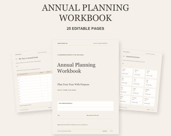 May include: An annual planning workbook with 25 editable pages in a PowerPoint format. The document features a beige background with dark text, including sections for annual goals, an annual overview, and a page for personal information.
