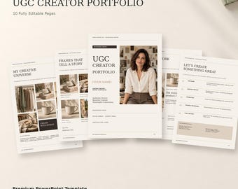 May include: A digital UGC creator portfolio template featuring 10 fully editable pages in a clean, professional layout. The document includes sections for creative work, project processes, and contact details, presented in a neutral color palette.