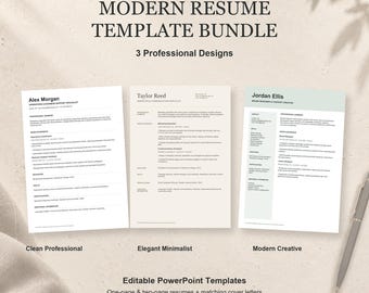 May include: A digital resume template bundle featuring three distinct professional designs labeled Clean Professional, Elegant Minimalist, and Modern Creative. The text includes Modern Resume Template Bundle, 3 Professional Designs, and Editable PowerPoint Templates.