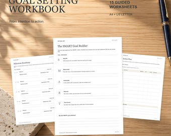 May include: A goal setting workbook with 15 guided worksheets in A4 and US letter sizes. The pages feature headers including The Goal Edit, Milestone Roadmap, The SMART Goal Builder, and Action Plan, accompanied by a black fountain pen.