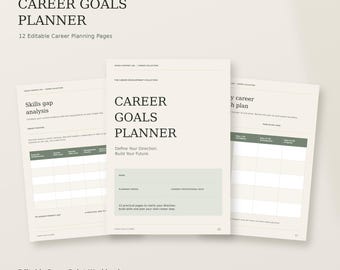 May include: A Career Goals Planner digital workbook template with 12 editable pages. The cover page features the text Career Goals Planner, Define Your Direction, Build Your Future. Includes Skills Gap Analysis and Career Path Plan pages.