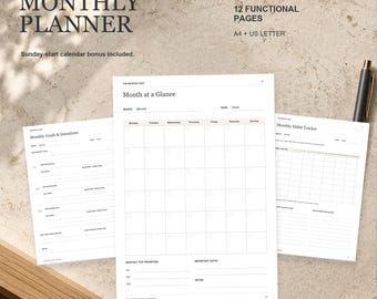 May include: A monthly planner set featuring 12 functional pages in A4 and US Letter sizes. The white paper sheets include a Month at a Glance calendar, Monthly Goals and Intentions, and a Monthly Habit Tracker with black text and grid lines.