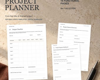 May include: A digital project planner template set featuring 15 functional pages in A4 and US Letter sizes. The documents include sections for Project Timeline, Project Vision & Overview, and Project Progress Dashboard with text fields.