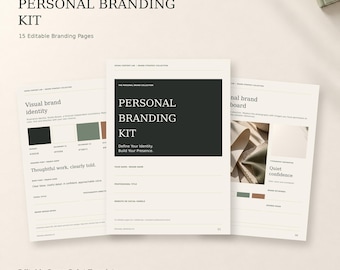 May include: A personal branding kit template featuring 15 editable pages in a digital PowerPoint format. The document displays sections for visual brand identity, color palettes, typography, and brand strategy with text in black and white.