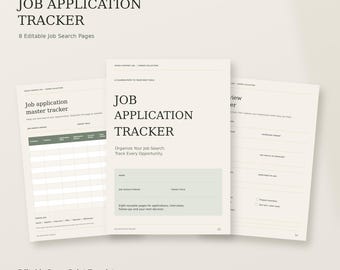May include: A digital job application tracker PowerPoint template featuring eight editable pages. The document displays text including Job Application Tracker, Organize Your Job Search, Track Every Opportunity, and Job Application Master Tracker.