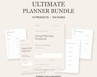 May include: A digital planner bundle featuring 10 products and 154 pages. The collection includes an Annual Planning Workbook, Digital Life Organizer, and various daily planning templates with text in a neutral beige and black color scheme.