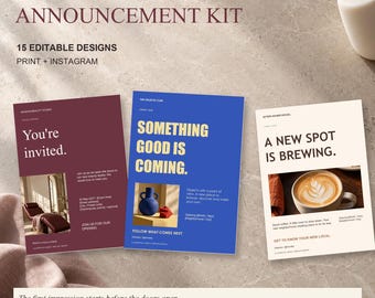 May include: A business opening announcement kit featuring 15 editable designs for print and Instagram. Three rectangular templates are displayed: a maroon beauty studio invite, a blue teaser, and a cream-colored coffee shop announcement.