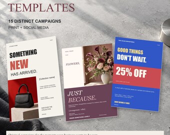 May include: Three promotional flyer templates featuring text and imagery. The left flyer shows a black handbag, the center flyer displays a floral arrangement, and the right flyer features bold blue and red blocks with the text 25% OFF.