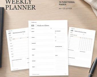 May include: A weekly planner set featuring three white paper sheets with black text. The pages include headers such as The Weekly Edit, Week at a Glance, Meals & Groceries Week, and Habits & Routines Week. The text specifies 10 functional pages in A4 and US Letter sizes.