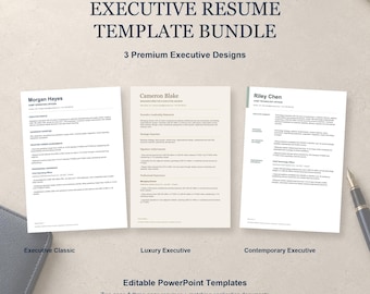 May include: A digital display of an executive resume template bundle featuring three distinct designs labeled Executive Classic, Luxury Executive, and Contemporary Executive. The text includes VESNA CONTENT LAB, Editable PowerPoint Templates, and two-page and three-page resumes with matching application documents.