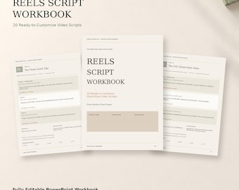 May include: A Reels Script Workbook digital PowerPoint template featuring 20 ready-to-customize short-form video scripts. The pages display structured layouts with headings, text fields, and checkboxes in a clean, neutral color palette.