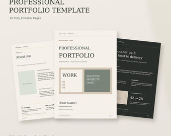 May include: A professional portfolio template featuring 10 editable pages in A4 portrait format. The design includes text elements like Professional Portfolio, About me, and Selected Projects in a neutral color palette of beige, white, and sage green.