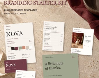 May include: A small business branding starter kit featuring 20 coordinated templates for print and social media. The collection includes cards and documents with the text Studio Nova, branding elements, color palettes, and thank you notes.