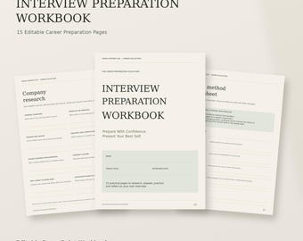 May include: An editable interview preparation workbook in A4 portrait format, featuring 15 career preparation pages. The cover page displays the title Interview Preparation Workbook, with sections for name, target role, and interview date.
