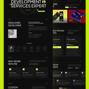 Pode incluir: Uma interface de site com tema escuro para um especialista em servi&ccedil;os de desenvolvimento chamado Max Haxton. O layout apresenta detalhes em verde neon, cabe&ccedil;alhos de texto incluindo Development Services Expert e se&ccedil;&otilde;es de servi&ccedil;os.