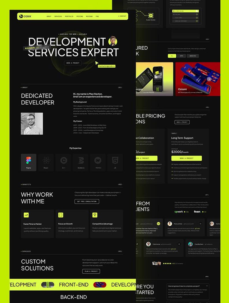 Pode incluir: Uma interface de site com tema escuro para um especialista em servi&ccedil;os de desenvolvimento chamado Max Haxton. O layout apresenta detalhes em verde neon, cabe&ccedil;alhos de texto incluindo Development Services Expert e se&ccedil;&otilde;es de servi&ccedil;os.