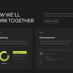 Pode incluir: Um layout de p&aacute;gina web escuro intitulado HOW WE'LL WORK TOGETHER, apresentando duas etapas de processo: Analyzing com um indicador de progresso circular verde-lim&atilde;o e Development mostrando trechos de c&oacute;digo. Inclui um bot&atilde;o SCHEDULE MEETING.
