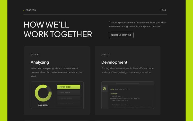 Pode incluir: Um layout de p&aacute;gina web escuro intitulado HOW WE'LL WORK TOGETHER, apresentando duas etapas de processo: Analyzing com um indicador de progresso circular verde-lim&atilde;o e Development mostrando trechos de c&oacute;digo. Inclui um bot&atilde;o SCHEDULE MEETING.