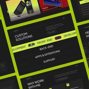 Pode incluir: Um layout de site de portf&oacute;lio digital com um tema escuro e detalhes em verde-lim&atilde;o. A interface exibe se&ccedil;&otilde;es para solu&ccedil;&otilde;es personalizadas, desenvolvimento front-end e back-end, aplicativos, extens&otilde;es e suporte, juntamente com depoimentos de clientes.
