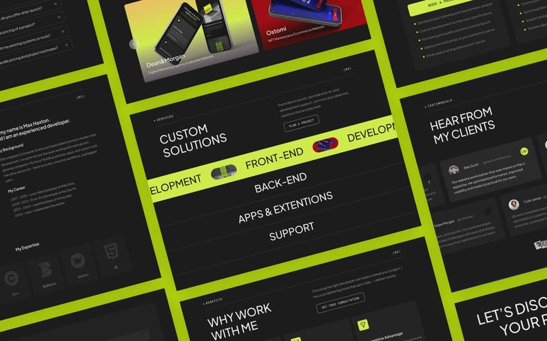 Pode incluir: Um layout de site de portf&oacute;lio digital com um tema escuro e detalhes em verde-lim&atilde;o. A interface exibe se&ccedil;&otilde;es para solu&ccedil;&otilde;es personalizadas, desenvolvimento front-end e back-end, aplicativos, extens&otilde;es e suporte, juntamente com depoimentos de clientes.
