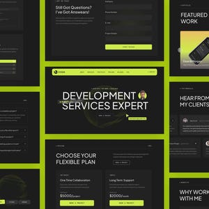 Pode incluir: Um layout de interface de site com tema escuro, detalhes em verde-lim&atilde;o e texto branco. As se&ccedil;&otilde;es incluem Development Services Expert, Featured Work, depoimentos de clientes e planos de pre&ccedil;os flex&iacute;veis com formul&aacute;rios de consulta.