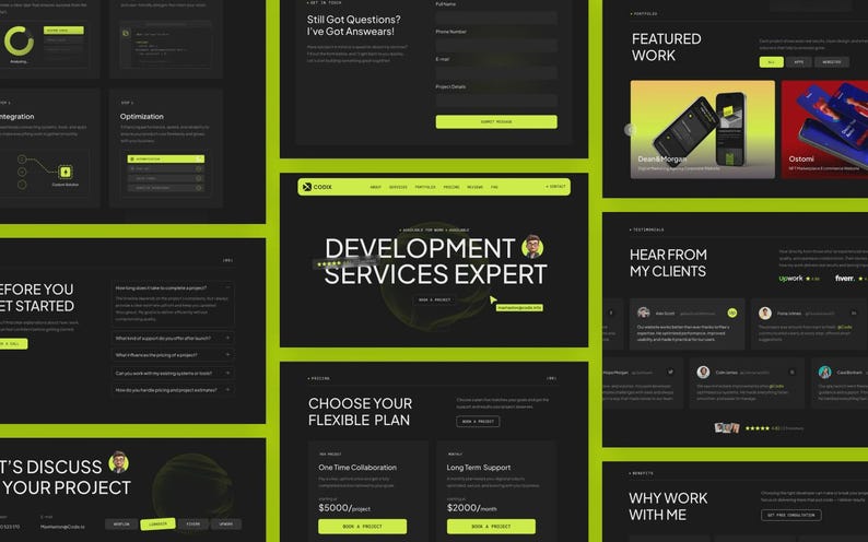 Pode incluir: Um layout de interface de site com tema escuro, detalhes em verde-lim&atilde;o e texto branco. As se&ccedil;&otilde;es incluem Development Services Expert, Featured Work, depoimentos de clientes e planos de pre&ccedil;os flex&iacute;veis com formul&aacute;rios de consulta.