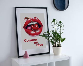 Poster Red Cherry Lips, poster francese, Comme un rêve, Red Pop Art, Digital Wall Art