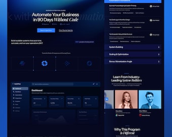 Pode incluir: Uma interface de site com tema escuro para um curso de automação de negócios intitulado Automate Your Business in 90 Days Without Code. O layout apresenta menus de navegação, módulos, análises de painel e perfis com detalhes em azul.