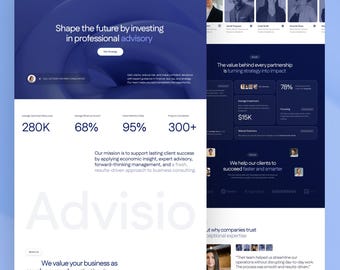 Pode incluir: Uma página de destino de site para a Advisio com um cabeçalho azul escuro com o texto Shape the future by investing in professional advisory, estatísticas mostrando 280K, 68%, 95% e 300+ projetos, e seções sobre serviços de consultoria.
