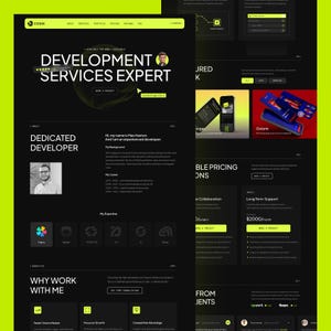 May include: A dark-themed website landing page for a development services expert named Max Haxton. The layout features lime green accents, white text, a professional portrait, service descriptions, expertise icons, and project pricing options.