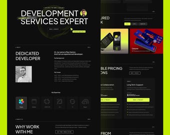 May include: A dark-themed website landing page for a development services expert named Max Haxton. The layout features lime green accents, white text, a professional portrait, service descriptions, expertise icons, and project pricing options.