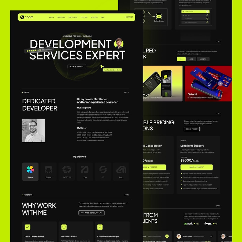 Pode incluir: Uma p&aacute;gina de destino de site com tema escuro para um especialista em servi&ccedil;os de desenvolvimento chamado Max Haxton. O layout apresenta detalhes em verde-lim&atilde;o, texto branco, um retrato profissional, servi&ccedil;os e pre&ccedil;os.