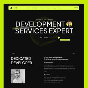 Pode incluir: Uma p&aacute;gina de destino de site para Codix com fundo preto e detalhes em verde lim&atilde;o. O texto diz Development Services Expert, Book A Project e Max Haxton. Inclui um avatar de desenho animado, uma classifica&ccedil;&atilde;o por estrelas e uma biografia.